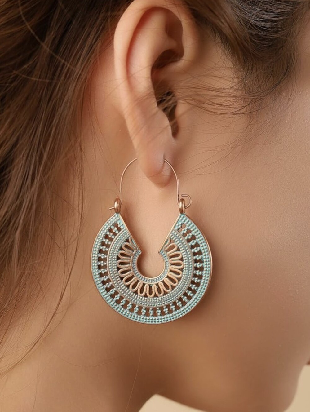 Bohemian Teal and Gold Filigree Hoop Earrings